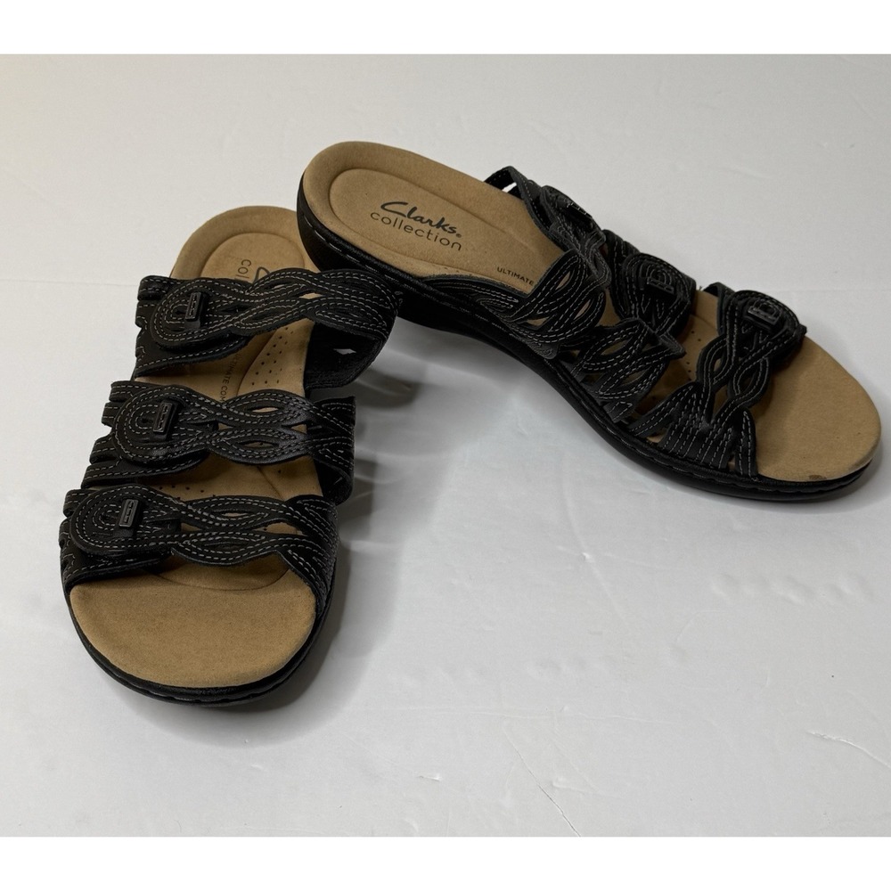 Clarks‎ Laurieann Ruby Black Sandals Women Size 7 Leather Comfort Flexible New